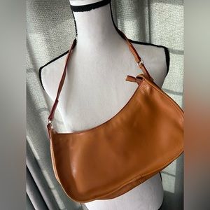 Francesco Biasia brown leather slim shoulder bag with red trim and inside.